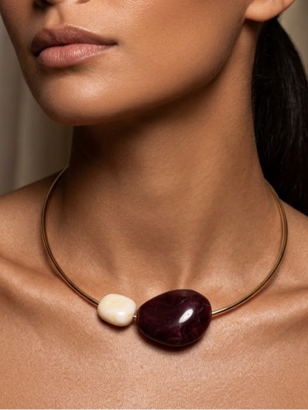 Anthropologie Gold Collar Necklace with Burgundy and Cream Stone Beads
